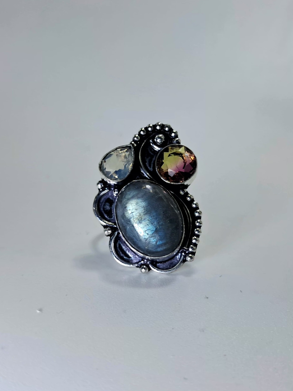 Vintage Artisan Sterling Silver Labradorite & Multi-Gemstone Statement Ring 7.5